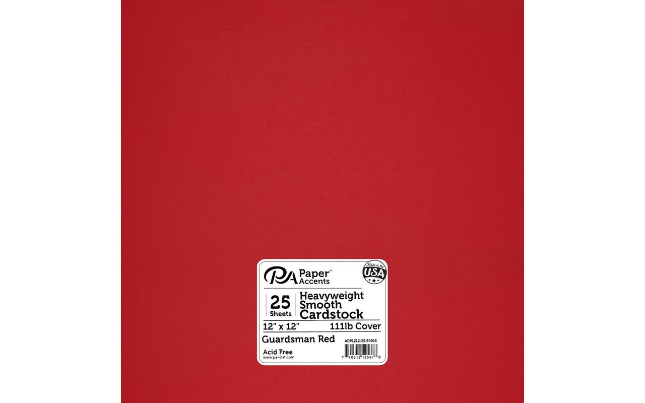 PA Paper Accents Heavyweight Smooth Cardstock 12" x 12" Guardsman Red, 111lb colored cardstock paper for card making, scrapbooking, printing, quilling and crafts, 25 piece pack